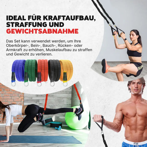 Resistance band exercise set mit kombinierbaren gewichtsstufen und extra hohen trainingsbändern