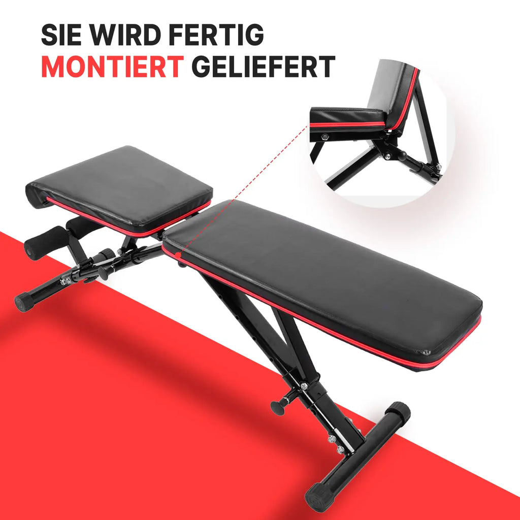 Black und rot Hantelbank klappbar, multifunktional einsetzbar mit Fußstützen für verstellbares Schultertraining