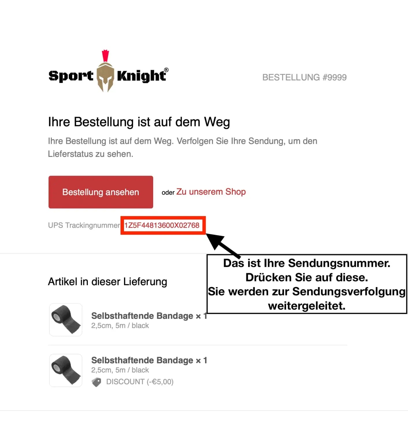 Order confirmation email im Sport-Knight Kundenkonto zur Sendungsverfolgung Ihrer Bestellung