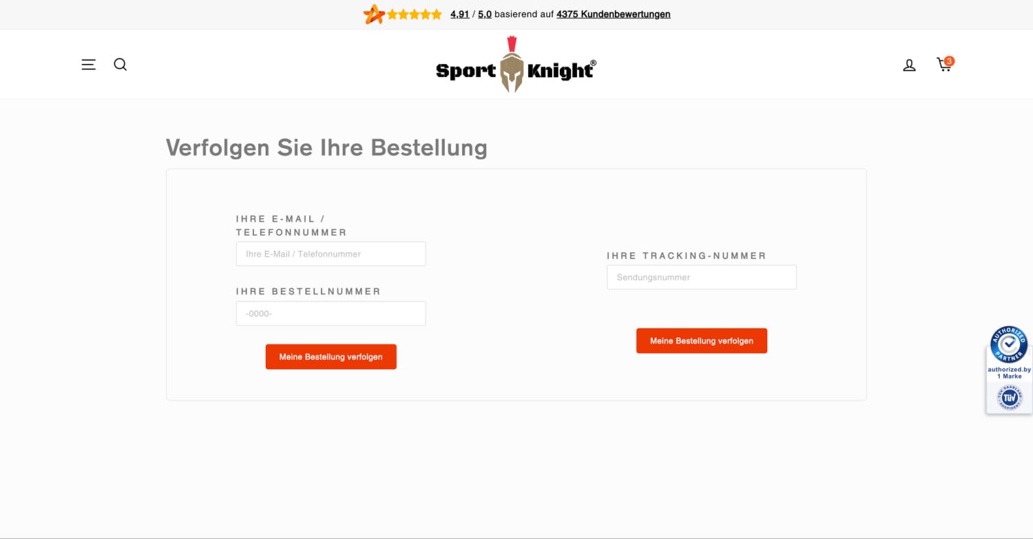 Order tracking webpage Sport-Knight Kundenkonto mit Versandbestätigungsmail und Artikel verfolgen