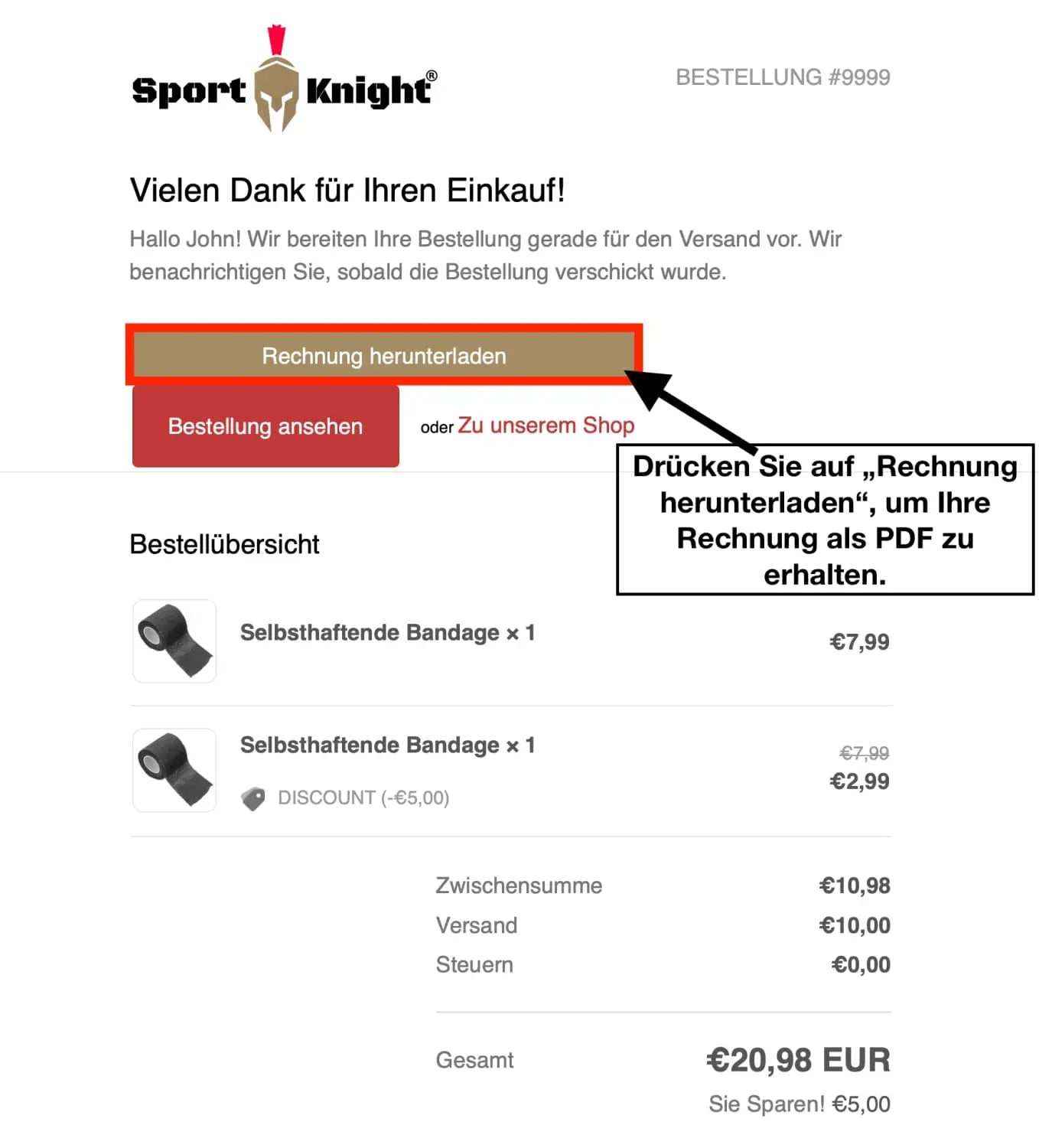 Order confirmation E-Mail auf der Seite Wo finde ich meine Rechnung zum Kauf abschließen.
